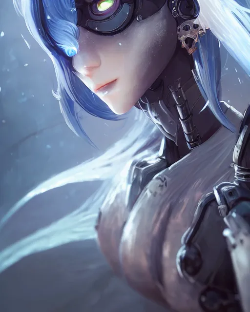 Image similar to holy cyborg necromancer girl, elegant, perfect face, scifi, futuristic, utopia, garden, illustration, atmosphere, warframe, blue eyes, white hair, focused, artstation, nier automata, highly detailed, art by yuhong ding and chengwei pan and serafleur and ina wong