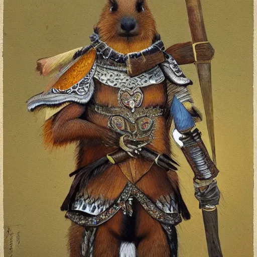 Prompt: fine art painting of an anthropomorphic capybara warrior in full intricate armor, ultra detailed,