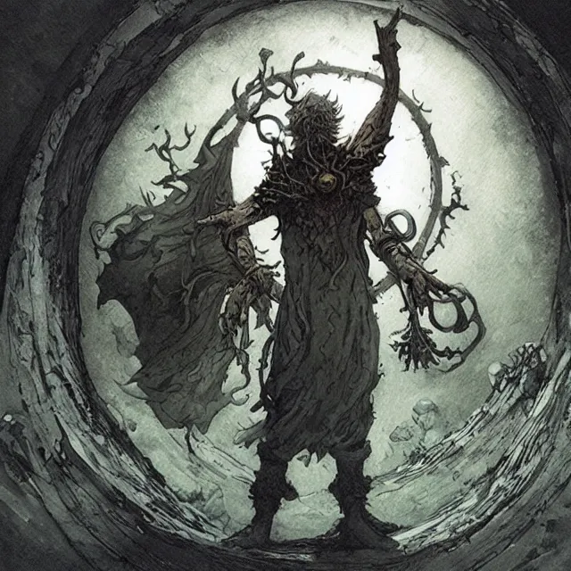 Image similar to a druid standing in a circle at the beginning of the world by alan lee and peter mohrbacher and mike mignola