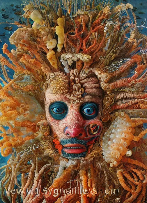 Prompt: a surreal painting of a shaman's face, made of jelly fish, coral reefs, by Giuseppe Arcimboldo, symbolist, soft colors, dramatic lighting, smooth, sharp focus, extremely detailed, aesthetically pleasing composition