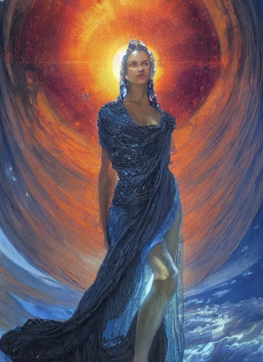 Image similar to biblical strong beautiful female android, bright glowing veins, in clouds, sunset, accretion disk, fashion posing, portrait, by gerald brom, by mikhail vrubel, by peter elson, muted colors, extreme detail, reflections, trending on artstation, 8 k