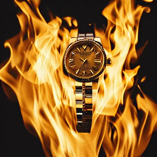 Prompt: a gold rolex engulfed in flames, film photo