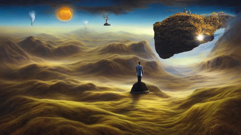 Image similar to surreal landscape with anthropomorphic!!! terrain!!! in the styles of igor morski, jim warren, and rob gonsalves, intricate, hyperrealistic, volumetric lighting, big sky, distinct horizon