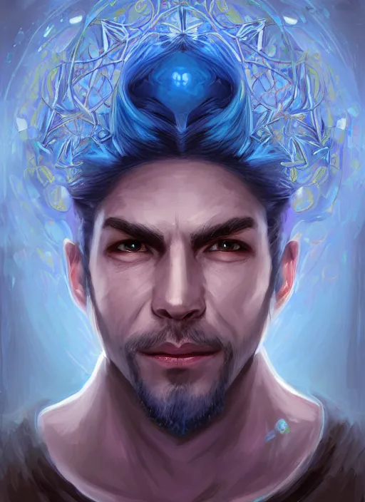 Prompt: head-on symmetrical centered painted portrait, a smiling man with completely blue skin in his twenties as a D&D wizard, fantasy, intricate, elegant, highly detailed, digital painting, smooth, sharp focus, illustration, artstation, in the style of Artgerm and Anna Podedworna and Charlie Bowater and Michael Garmash
