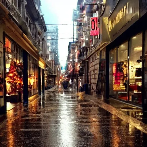 Image similar to in a rainy street, there's a store with a sign that says november