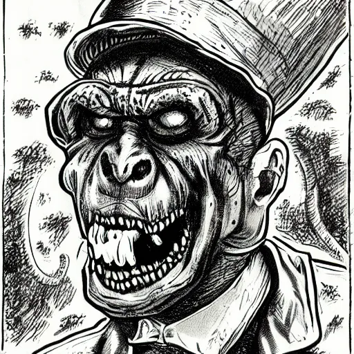 Image similar to a Pop Wonder scary horror themed goofy-hilarious-swamp-bog-monster-spaced-out-dead-head-with-space-in-his-oraphus, 3-piece-suit, dime-store-comic drawn with charcoal and pen and ink, half-tone-line-stacking