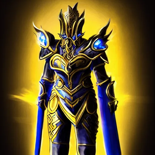 Image similar to a highly detailed character portrait of a man wearing a epic golden armor with glowing blue eyes concept art