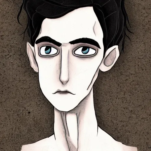 Image similar to young man portrait, black hair, skinny, sleep deprived, corpse bride art style