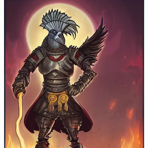 Image similar to tarot card, full body, rooster wearing medieval suit of armor, dark fantasy comic book, art style by kevin siembieda, artstation!