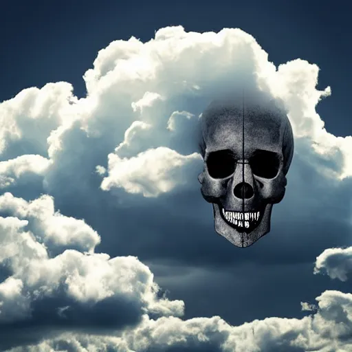 Image similar to skull in the sky made out of clouds, thunder, dramatic lighting