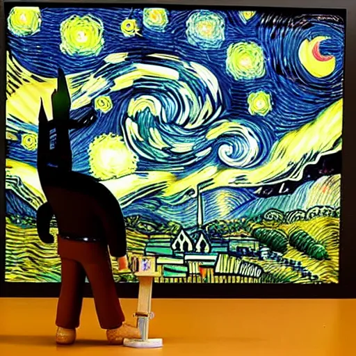 Prompt: prisoner vincent van gogh standing next to his painting starry night which is on an easel, stop motion vinyl action figure, plastic, toy, butcher billy style