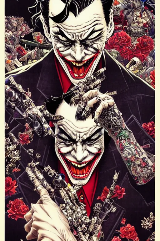 Image similar to poster of joker as a yakuza gangster, by yoichi hatakenaka, masamune shirow, josan gonzales and dan mumford, ayami kojima, takato yamamoto, barclay shaw, karol bak, yukito kishiro, highly detailed