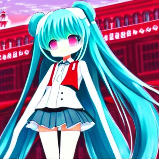 Image similar to hatsune miku on the moscow red square, high detailed anime art, trending on pixiv