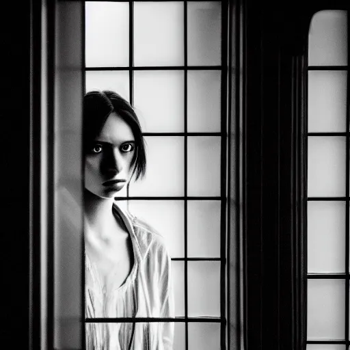 Prompt: black and white photography of highly detailed beautiful depressed Woman with detailed face in the heroine chique style standing by the window, volumetric natural light