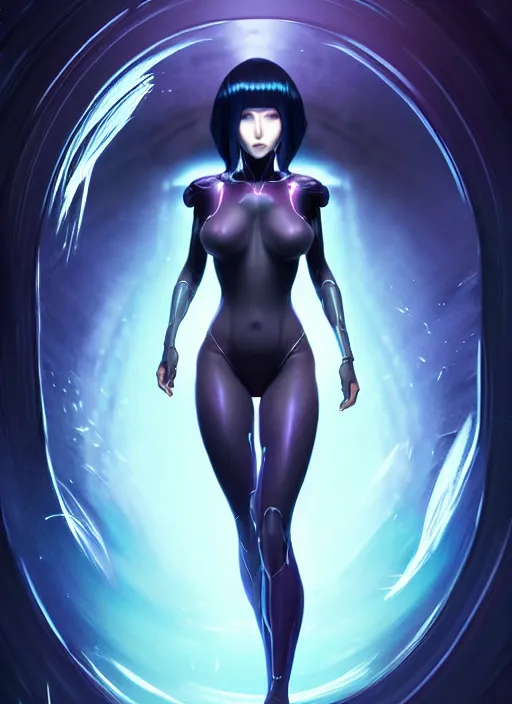 Prompt: dark sorceress fullbody pose, beautiful face, highly detailed, ghost in the shell style, artstation, soft light, sharp focus, illustration, character design, concept art