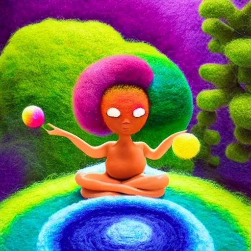 Prompt: a black girl with a colorful afro and big beautiful eyes meditating in a rainbow magic mushroom zen garden with her crystal ball, bokeh!!!, bright colors, synthwave, watercolor, volumetric wool felting, felt, macro photography, children illustration, by goro fujita