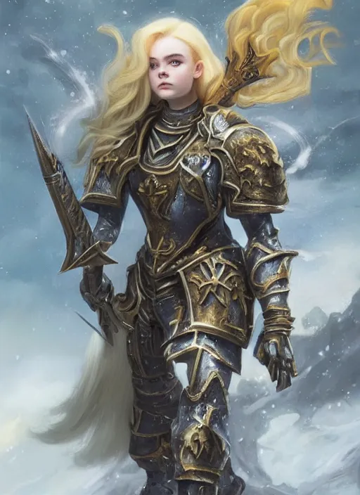 Prompt: Elle Fanning a Warhammer 40k paladin, glorious LONG BLOND hair, by Ivan Aivakovsky, by Boris Vallejo, epic fantasy character art, D&D Concept Art, full length, Realistic, Regal, Refined, Detailed Digital Art, Oil Paining, Exquisite detail, post-processing, masterpiece, Cinematic Lighting, Unreal Engine, 8k, HD