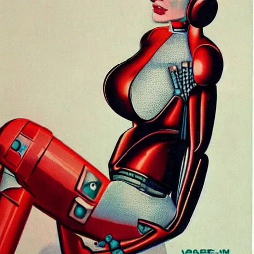 Prompt: beautiful mid century modern female cyborg