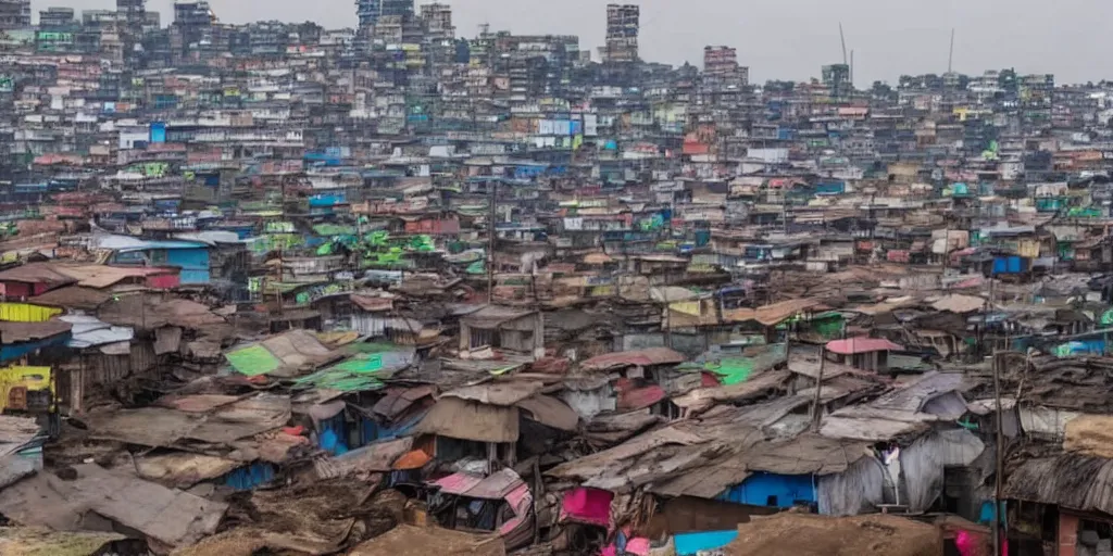 Prompt: UFO in Ajegunle slums of lagos beaming neon ray of light,