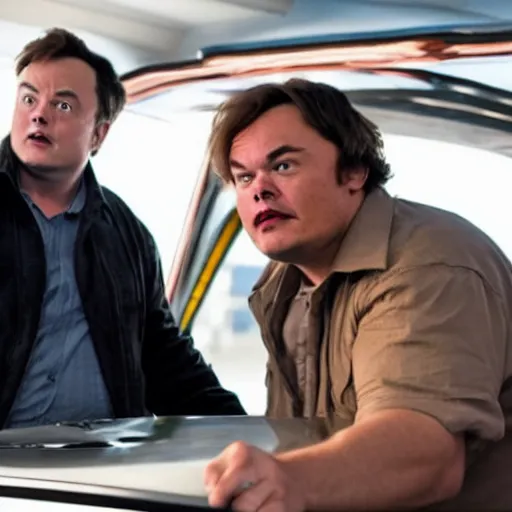 Prompt: jack black starring as elon musk in a action movie about elon musk