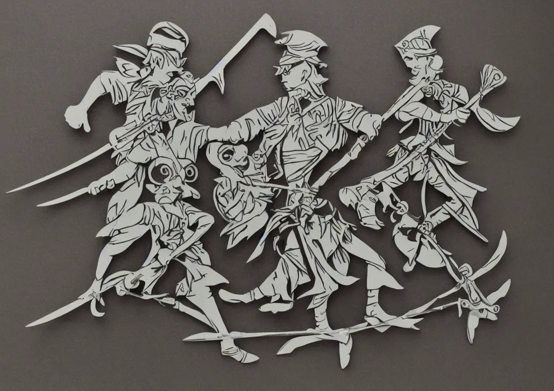 Image similar to a stylized cut paper sculpture of peter pan and captain hook sword fighting on a pirate ship