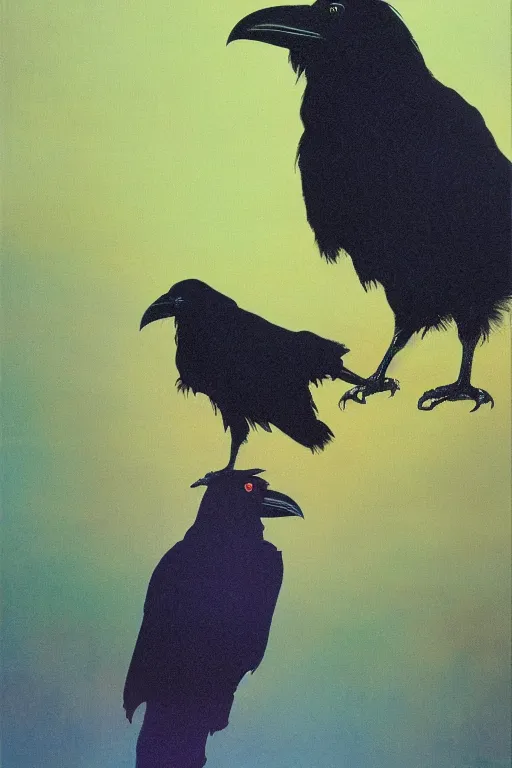 Image similar to a raven investigating 8 0 s era technology, vintage shapes, retro technology, sylvan color, wayne barlow, oil on canvas, deep depth of field, masterpiece, cinematic composition, hyperdetailed