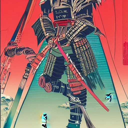 Image similar to cyberpunk samurai with swords drawn in a synth wave city, in the style of hokusai