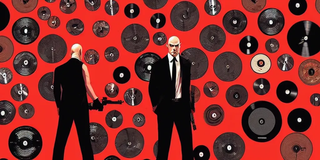 Image similar to a portrait of agent 4 7 from hitman wearing headphones in front of a wall of vinyl records, head being lit by red rim light, digital art, artstation, art by yoji shinkawa