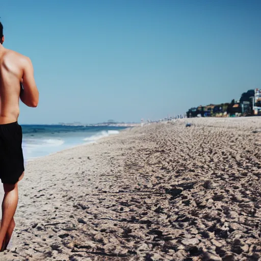 Image similar to a man walking in a sunny day in the beach with black shorts, realistic