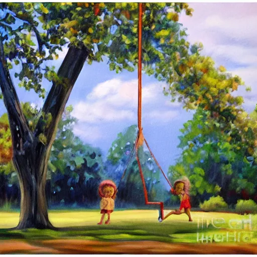 Prompt: Swing attached to tree painting