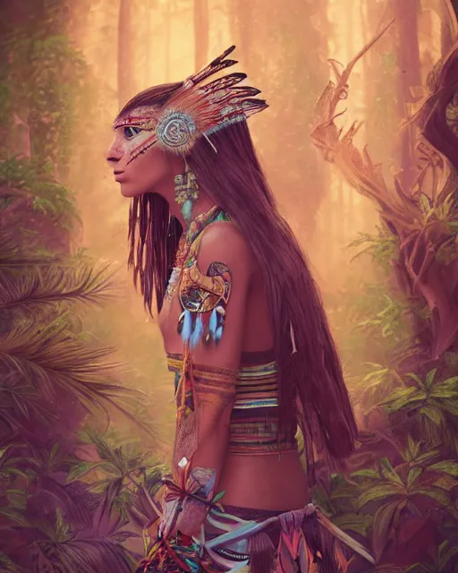 Prompt: Beautiful art portrait of a fantasy magic native american female owl shaman in a bright temple surrounded by lush forest, atmospheric lighting, intricate detail, cgsociety, hyperrealistic, octane render, RPG portrait, ambient light, dynamic lighting,