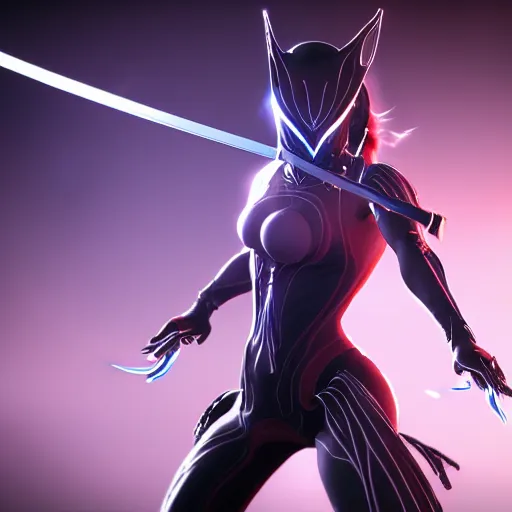 Image similar to photograph of (female) wisp!!!!!!!! warframe holding a katana!!!!!!!, 8k resolution, high detail, ULTRA REALISTIC VFX, reflections