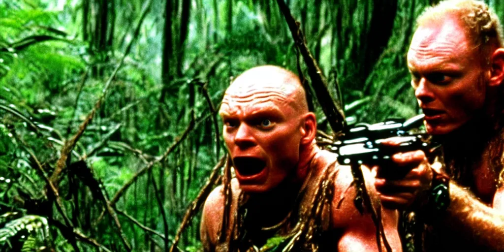 Image similar to a film still of Bill burr in Predator, high quality