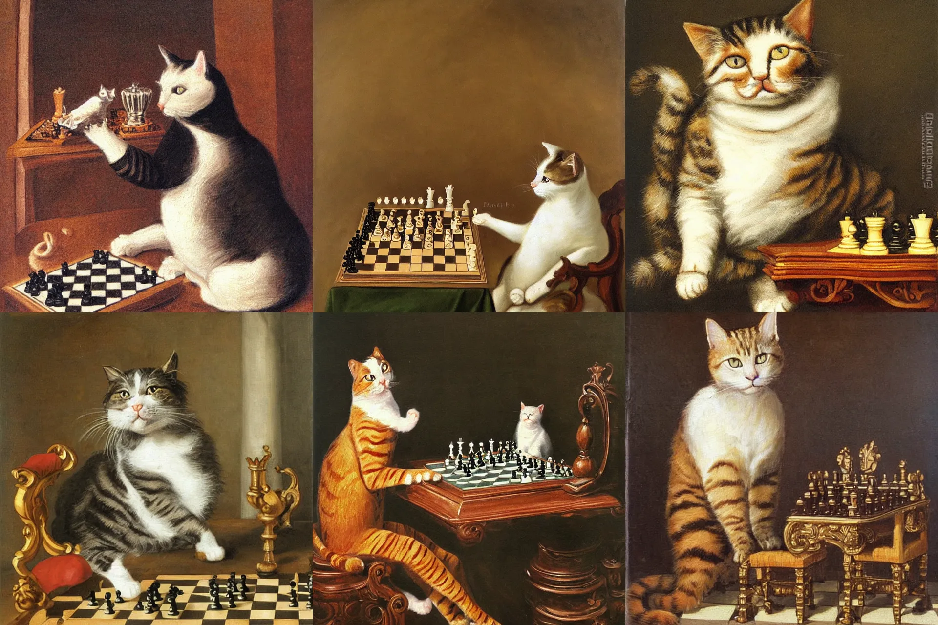 Prompt: cat playing chess looking wise, rococo oil painting