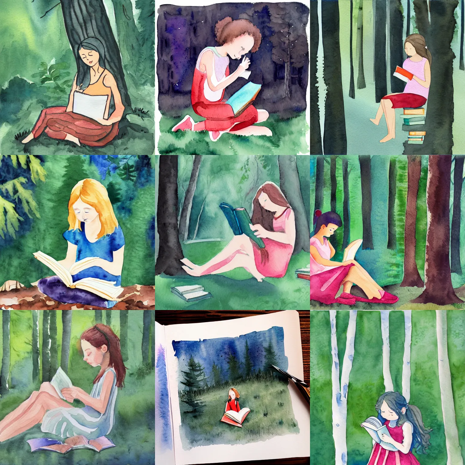 Prompt: watercolor of a girl reading her favourite book in the middle of a forest
