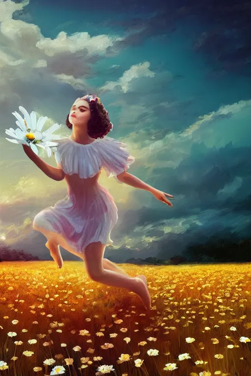 Image similar to giant white daisy flower on head, girl dancing in a flower field, surreal photography, sunrise, dramatic light, impressionist painting, colorful clouds, digital painting, artstation, simon stalenhag