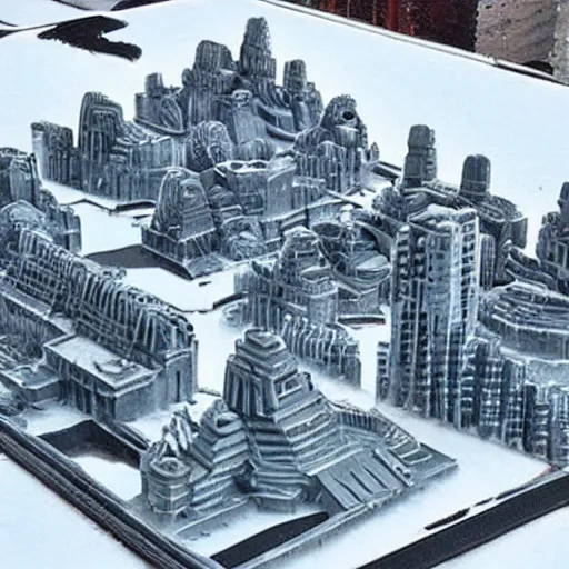 Image similar to a retro futuristic city carved out of ice