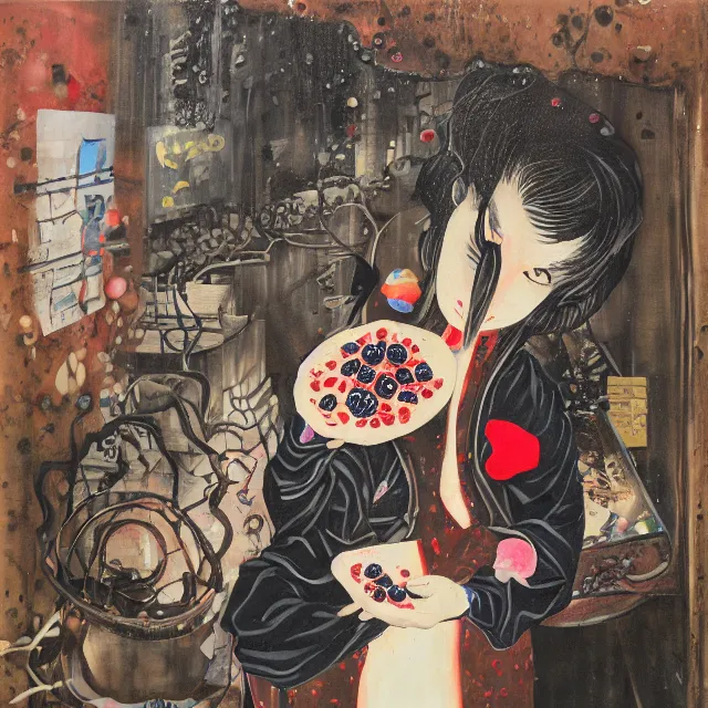 Prompt: a portrait in a dark laneway in tokyo, a woman holding pancakes, berries dripping, scientific instruments, ikebana, octopus, neo - expressionism, surrealism, acrylic and spray paint and oilstick on canvas