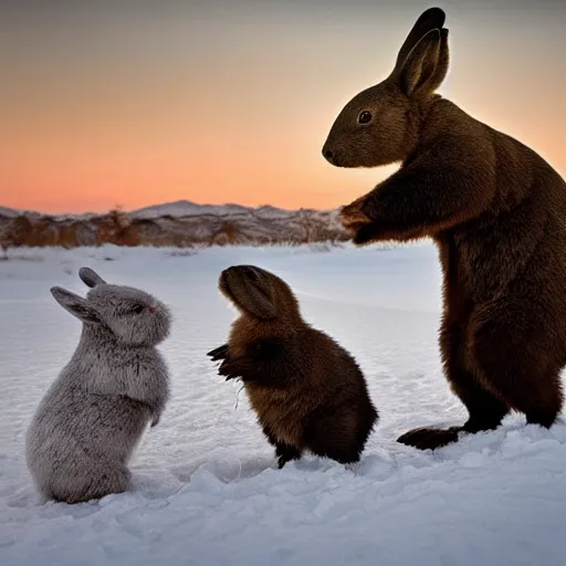 Image similar to Award Winning photo Bear plays with Rabbits in snow in the mexican desert