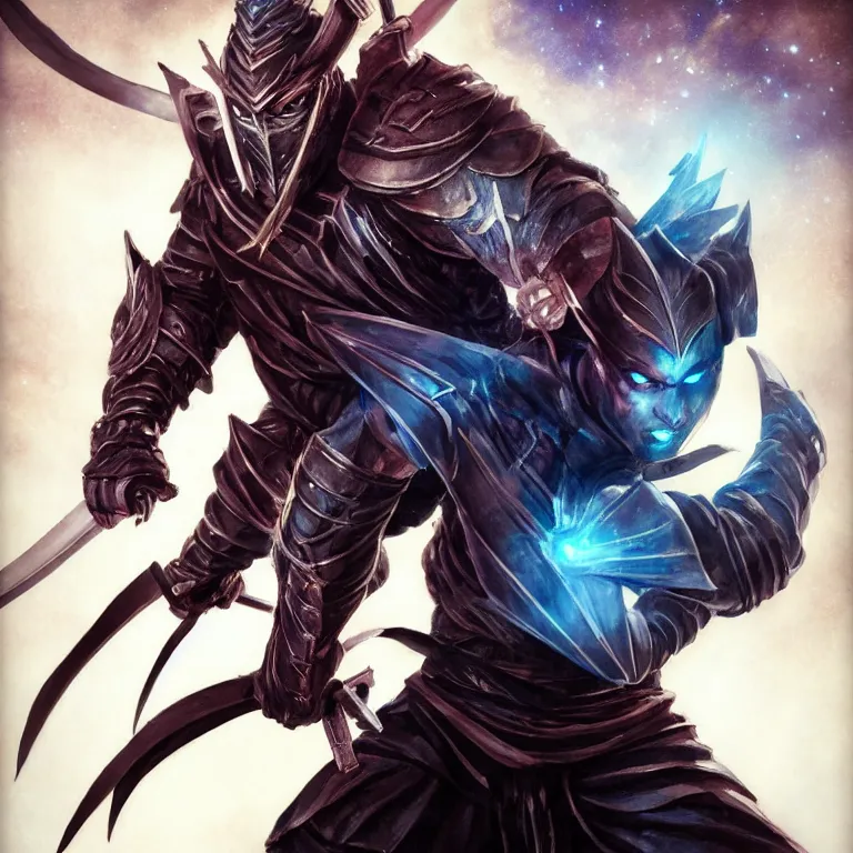 Image similar to beautiful cinematic fantasy poster, a ninja samurai warrior made out of folded origami matte finish paper, battle pose, beautiful glowing galaxy eyes, wideshot ultrawide angle epic scale, hybrid from The Elden Ring and art direction by Darius Zawadzki ;by artgerm; wayne reynolds art station; cinematic quality character render; low angle; ultra high quality model; production quality cinema model;