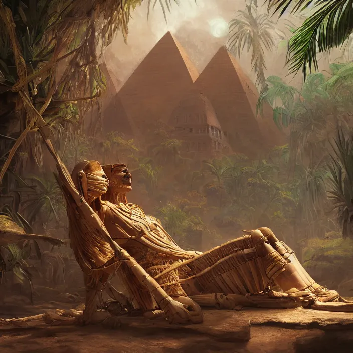 Image similar to egyptian mummy in the jungle oil painting, old school dungeons and dragons art, concept art, cgsociety, octane render, trending on artstation, artstationHD, cinematic lighting, highly detailed, digital painting, artstation, concept art, smooth, sharp focus, unreal engine,symmetric, elegant, 4k, 8k