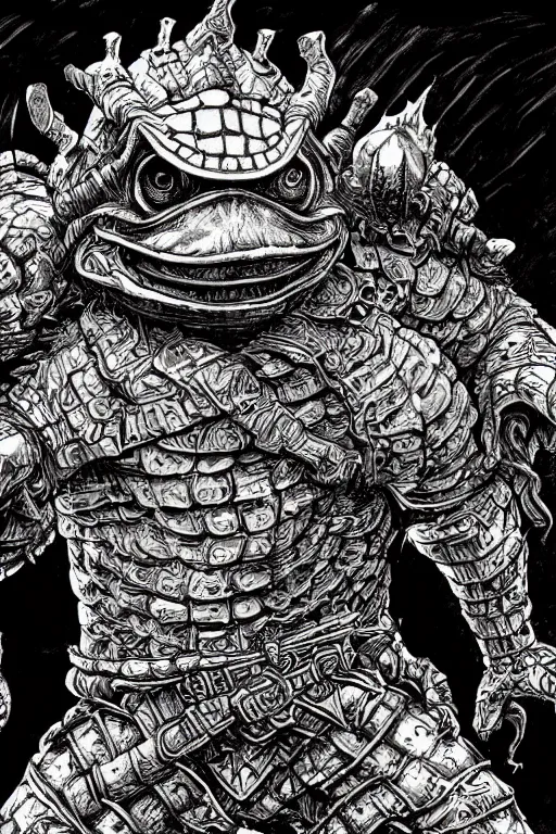 Image similar to humanoid toad warrior, wearing armour, swamp, symmetrical, highly detailed, digital art, sharp focus, trending on art station, kentaro miura manga art style