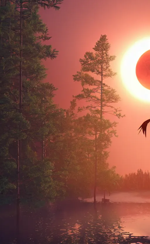 Image similar to cinema 4d, a huge japanese crane bird is chilling above a lake in the middle of a forest of japanese pines, a big red sun in the background, front game card, realistic rendering, trending on behance, concept art, stunning, volumetric lights