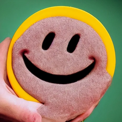 Image similar to circular yellow smiling cartoon face licking itself, very happy, YUMMYS CALLS