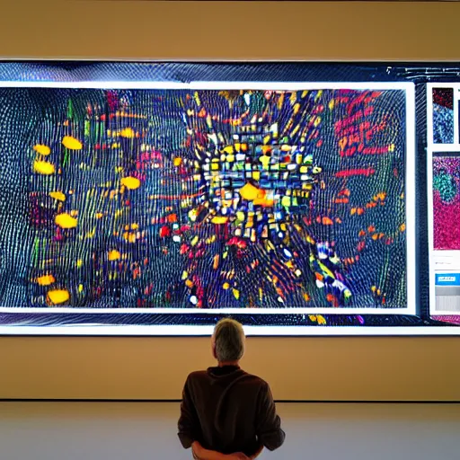 Prompt: art curator looking at a screen with a chat interface, recursive, in the style of grand chamaco and stanley kubrick, inspired by twitter feed, photorealistic, epic, super technical, cinematic still