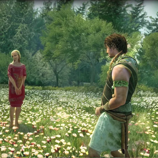 Image similar to a still from the movie midsommar, 2 0 0 3 dark chronicle graphics ps 2 visual aesthetic