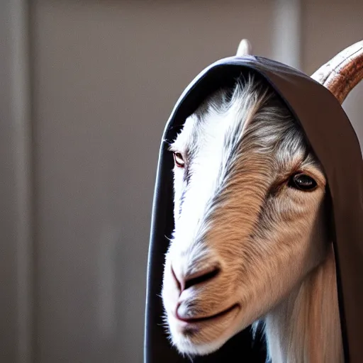 Image similar to a goat wearing a dark hooded cloak