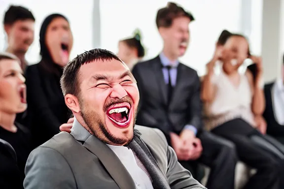 Image similar to a man laughing at a funeral while everybody else stares at him in disgust