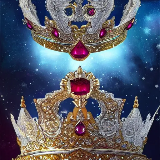 Prompt: a beautiful photorealistic queen's crown design made of platinum glowing in sparkles with heavenly notes neo rococo, diamond and ruby, highly detailed sailor moon aesthetic, fantasy, intricate, elegant, highly detailed, digital painting, artstation, concept art, matte, sharp focus, illustration, in the style of aetherpunk