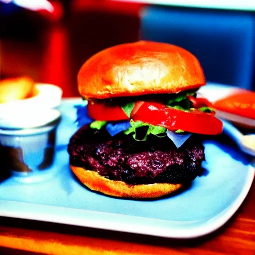 Prompt: photo tasty blue and red burger, food photography cinestill, 800t, 35mm, full-HD